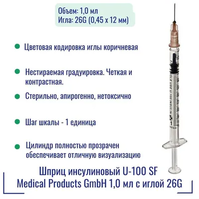 Купить шприц инсулиновый 1 мл SFM U-100 с иглой 26 G 1/2\" (0,45х12 мм) |  СалисМед