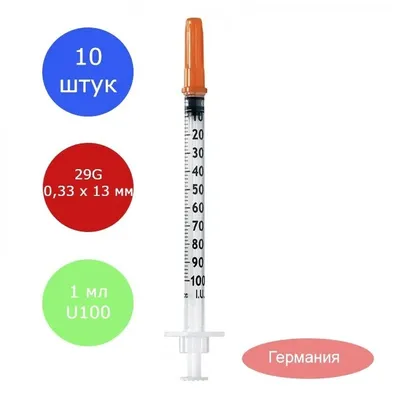 Инсулиновый шприц U100 1 мл с интегрированной иглой 29G 0,33 x 13 мм,  Medical, Германия, 10 штук — купить в Перми по цене 155 руб. в магазине  Cosmetic-sun.ru