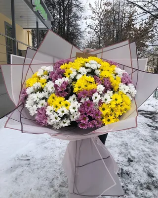 Букет 101 кустовая нежная хризантема с упаковкой от \"Цветы оптом\" в Москве