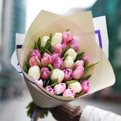 Купить Охапка из 21 тюльпана микс в оформлении №849 в Новосибирске