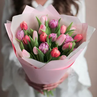 Купить букет из 21 белого и розового тюльпана в Уфе
