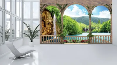 Фотообои в интерьере кухни гостиной 254x184 см 3D Водопад в лесу за аркой с  цветами (1079P4)+клей (ID#1754681806), цена: 950 ₴, купить на Prom.ua