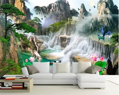 3D обои с водопадом, водопад, лес, пейзаж, лотос, олень, художественная  роспись, гостиная, детская комната, фотообои 3D | AliExpress