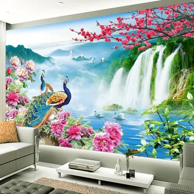 3D обои настенная бумага Павлин водопад природный пейзаж большая настенная  бумага для гостиной художественное украшение – купить по низким ценам в  интернет-магазине Joom