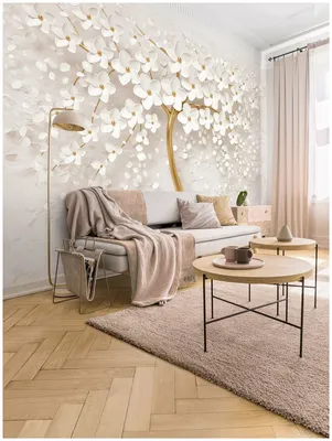 Фотообои Красивое золотое 3D дерево с белыми цветами на бежевом фоне/  Красивые уютные обои на стену в интерьер комнаты/ 3Д расширяющие  пространство/ На кухню в спальню детскую зал гостиную прихожую/ размер  400х270см/