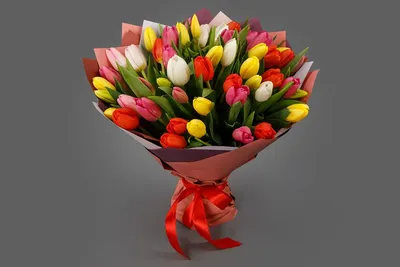 Купить Букет 51 тюльпан в нежных тонах с оформлением R349 в Москве, цена 12  100 руб.