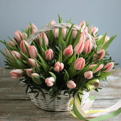 51 белый тюльпан в корзине (Z2063) | Give Flowers