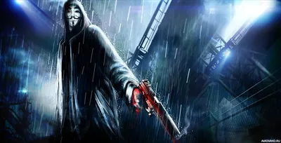 Анонимус в капюшоне с пистолетом в руке мокнет под дождём — Авы и картинки