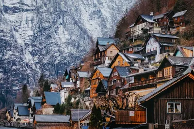 Картинка Австрия Hallstatt Зима Снег Дома город