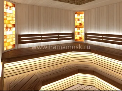 Дизайн-проект русской бани с контрастной отделкой стен и полков в  Новосибирске