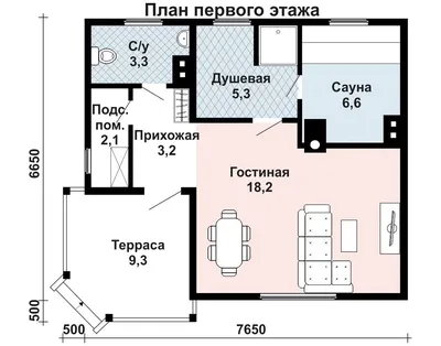 Проект бани AS-2324 из бруса с террасой и комнатой отдыха