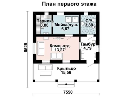 Проект бани из бруса AS-2000-5 с террасой и комнатой отдыха