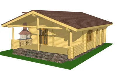 Проект Бани из оцилиндрованного бревна 9 на 13 одноэтажной. с террасой и  барбекю