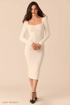 Белое облегающее платье миди с фигурным вырезом каре 0450358537-1 - купить  в интернет-магазине LOVE REPUBLIC по цене: 899 ₽