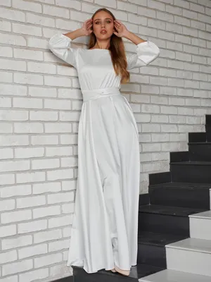 Купить белое платье в пол с рукавом фонарик (агния атласное) в интернет  магазине mirplatev.ru недорого, от 9900.0000 рублей