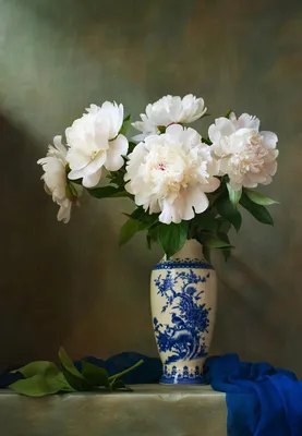 Фотообои «Белые пионы в расписной вазе» - купить с доставкой