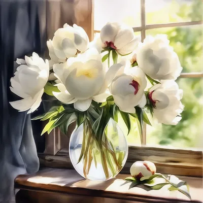 Купить картину Збигнев Копания - Белые пионы и розовые тюльпаны в вазе -  Damina.plus