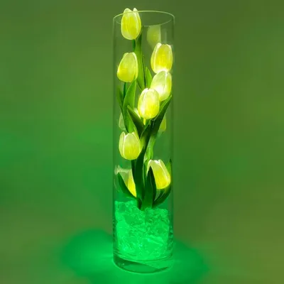 Светильник Светодиодные цветы LED SPRING — белые тюльпаны с синей  подсветкой вазы — Купить оптом и в розницу в интернет-магазине LED Forms