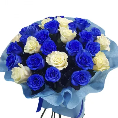 Синие и голубые розы - Букет 101 синяя роза с белым в упаковке