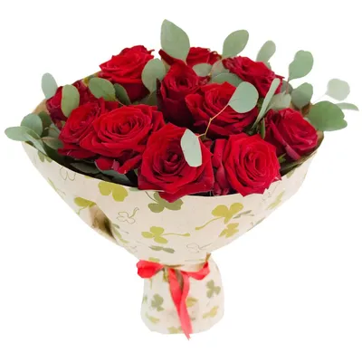 Букет 23 бордовые розы с эвкалиптом (заказчик ПСС) купить с доставкой в СПб