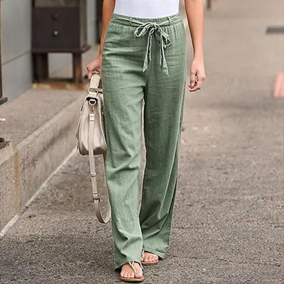 Женские однотонные льняные брюки со шнуровкой и эластичной резинкой на  талии, свободные широкие брюки, летние повседневные длинные брюки размера  плюс S-5XL – лучшие товары в онлайн-магазине Джум Гик