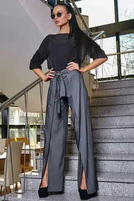 Летние женские легкие широкие штаны на завязках с разрезами спереди.  Темно-серые (ID#1099823058), цена: 892 ₴, купить на Prom.ua