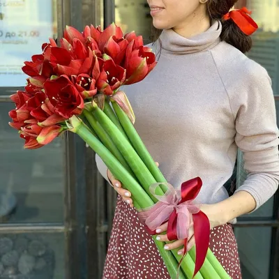 9 красных амариллисов в букете за 10 290 руб. | Бесплатная доставка цветов  по Москве