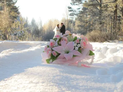 Букет цветов, замерзший во времени на снегу