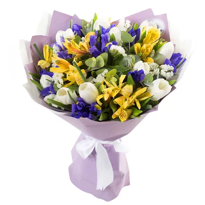 Весна всегда: букет желтых тюльпанов с синими ирисами по цене 8115 ₽ -  купить в RoseMarkt с доставкой по Санкт-Петербургу