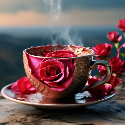 Чашка кофе и букет роз на подносе Стоковое Изображение - изображение  насчитывающей зеленый, подарок: 83227687