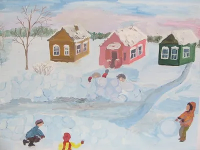 Иллюстрация Зимние забавы в стиле детский, живопись, книжная