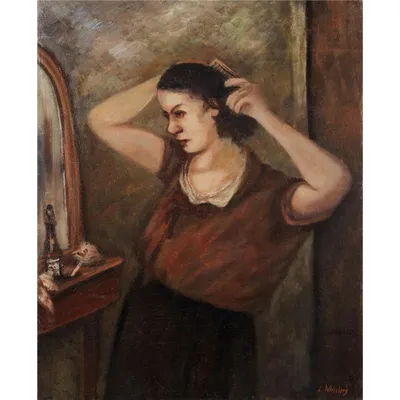 Иллюстрация Мода. Девушка в блестящем платье перед зеркалом. в