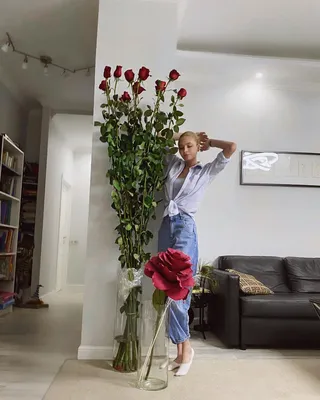 Фото Девушка с большим букетом роз на сером фоне
