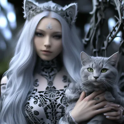 Девушка-кошка, с длинными серыми …» — создано в Шедевруме
