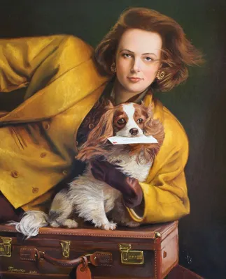 Картина в стиле пин ап Девушка с собачкой