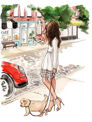 Иллюстрация Девушка с собакой в стиле портрет | Illustrators.ru