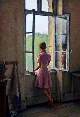 девушка смотрит на пейзаж через окно - онлайн-пазл