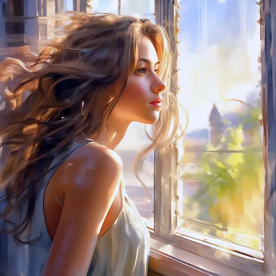 Красивая девушка смотрит в окно, за…» — создано в Шедевруме