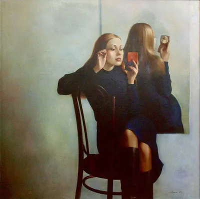 девушка смотрит на себя в зеркало, нарциссично ли иметь свою фотографию,  самим собой, концепция фон картинки и Фото для бесплатной загрузки