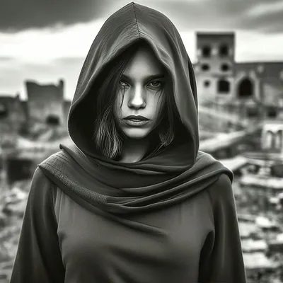 Девушка в капюшоне стоит на берегу реки. Черно-белый портрет Стоковое Фото  - изображение насчитывающей память, черный: 184076468