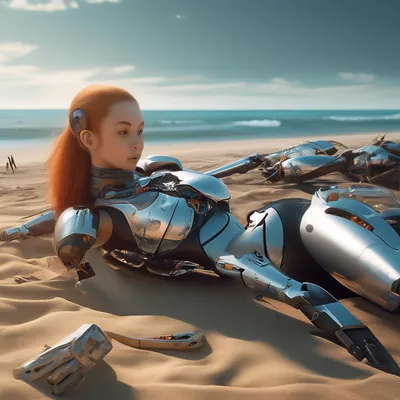 Девушки-роботы в стрингах на пляже…» — создано в Шедевруме