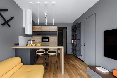 Дизайн-проект: Кухня-гостиная 15 кв м с деревом в отделке