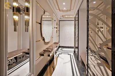 Интерьер холл-коридора, дизайн с ярким акцентом цвета и плитки
