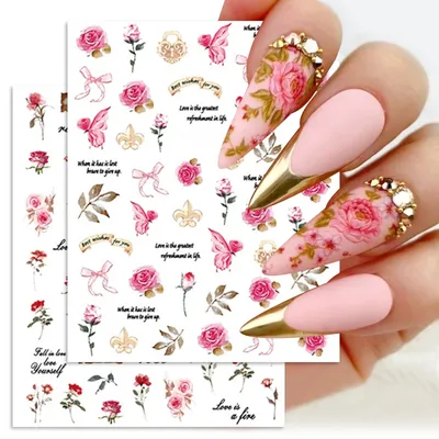 3D Розовые розы наклейки для ногтей цветочный дизайн ногтей розовый красный  цветок Французский маникюр Клей слайдеры Свадебные украшения для ногтей |  AliExpress