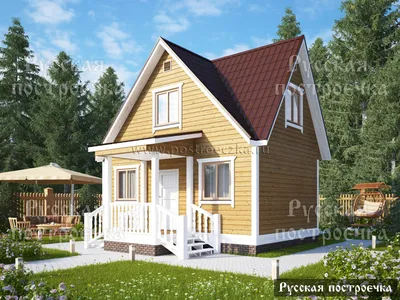 Проект дома из оцилиндрованного бревна с мансардой 7,6 на 6,8 метров /  Деревянные дома / Проекты