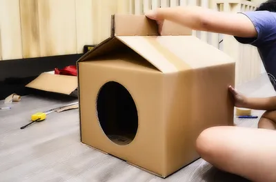 Удобный домик для кошки на основе готовой коробки - фото