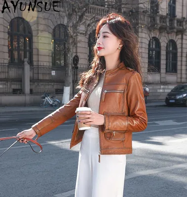 Куртка AYUNSUE из натуральной кожи, Женское пальто из натуральной овчины,  корейская мода, кожаные куртки с воротником-стойкой, женская кожаная куртка  | AliExpress