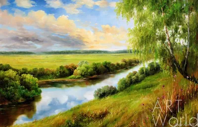 Картина Летний пейзаж маслом \"На берегу реки\" 60x90 AR170505 купить в Москве