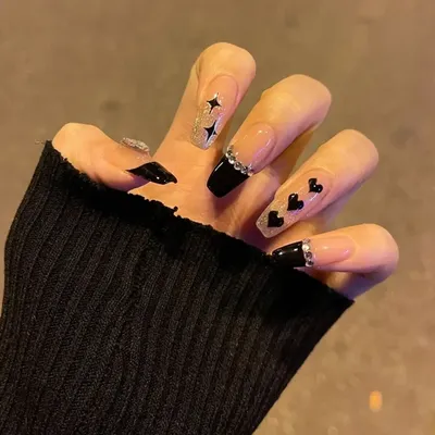 Набор блестящих ногтей для девочек, набор из 24 накладных ногтей с клейкими  полосками, корейский дизайн с милым черным сердцем, полное покрытие |  AliExpress