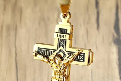 Купить золотой крестик мужской - Распятие Господа нашего Иисуса Христа,  вмч. Димитрий Солунский, Мироточивый KRZ0902 (желтое золото) с доставкой по  России, фото и видеообзоры